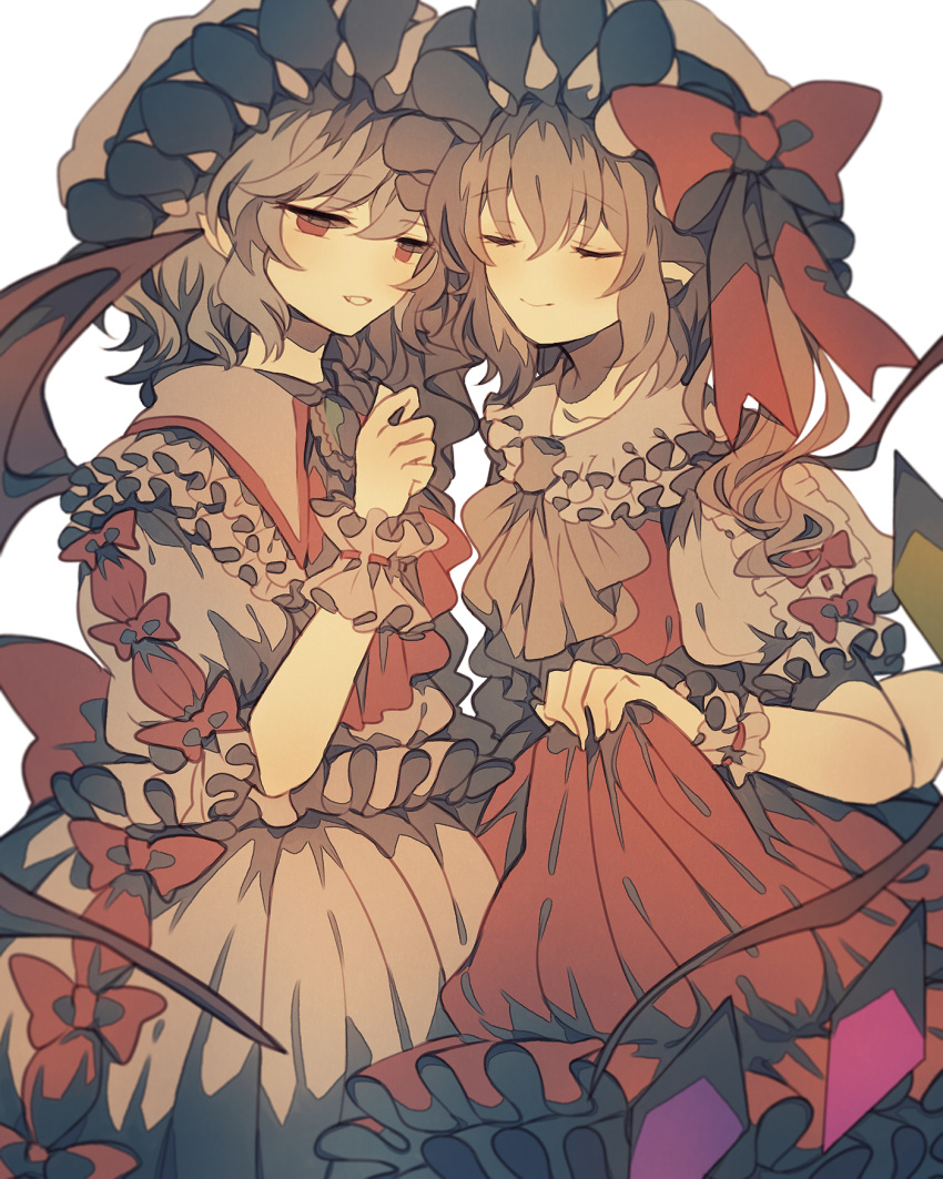2girls ascot bat_wings blonde_hair bow brooch closed_eyes commentary_request crystal dress eyebrows_visible_through_hair fang flandre_scarlet frilled_shirt_collar frills grey_hair hand_up hat hat_bow highres jewelry mob_cap multiple_girls parted_lips pointy_ears puffy_short_sleeves puffy_sleeves red_bow red_dress red_eyes red_neckwear remilia_scarlet short_hair short_sleeves siblings side_ponytail simple_background sisters skirt_hold smile touhou white_background white_dress wings wiriam07 wrist_cuffs yellow_neckwear