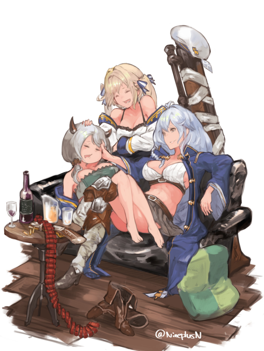 3girls bare_shoulders barefoot blonde_hair boots breasts brown_eyes camieux closed_eyes cucouroux_(granblue_fantasy) draph granblue_fantasy highres horns large_breasts long_hair looking_at_another midriff multiple_girls n9+ short_twintails silva_(granblue_fantasy) sitting sleeping smile twintails white_background white_hair