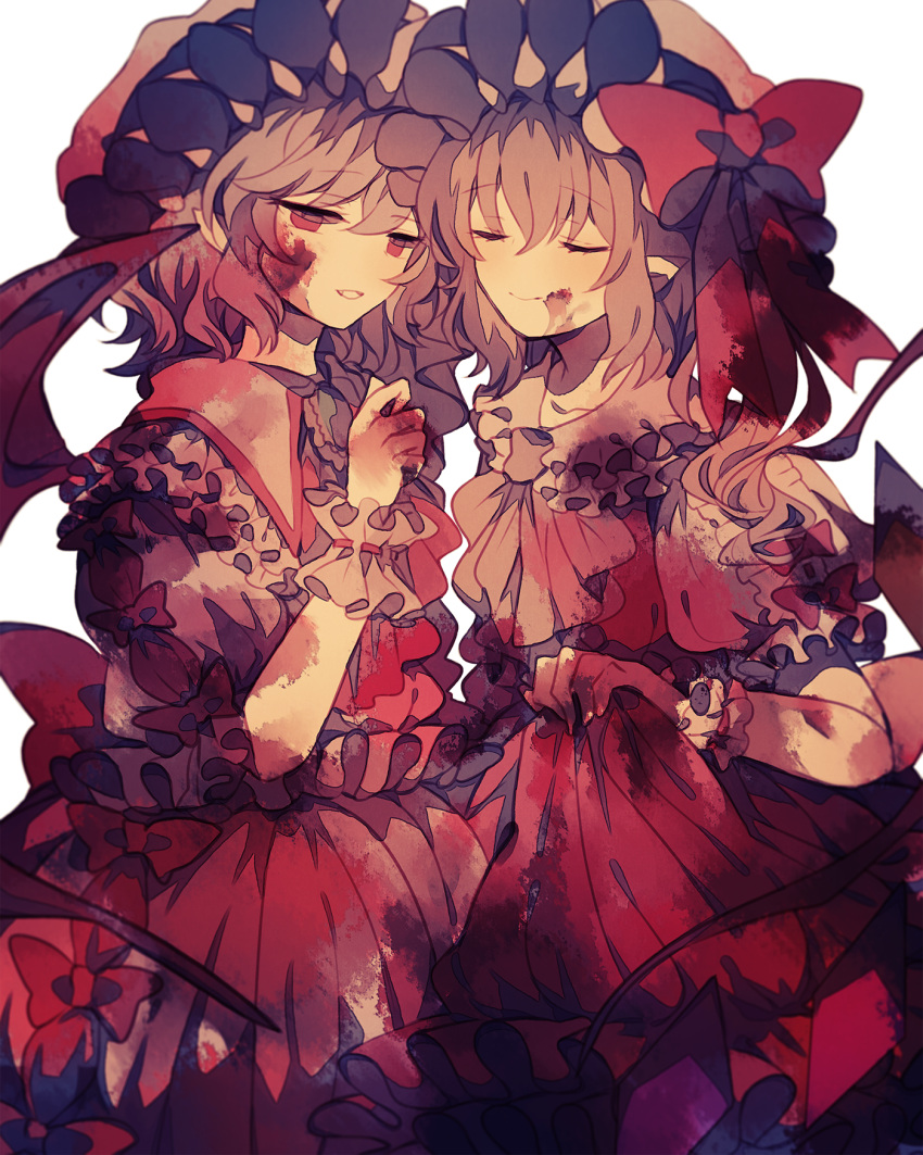2girls ascot bat_wings blonde_hair blood blood_on_face bloody_clothes bow brooch closed_eyes commentary_request crystal dress eyebrows_visible_through_hair fang flandre_scarlet frilled_shirt_collar frills grey_hair hand_up hat hat_bow highres jewelry mob_cap multiple_girls parted_lips pointy_ears puffy_short_sleeves puffy_sleeves red_bow red_dress red_eyes red_neckwear remilia_scarlet short_hair short_sleeves siblings side_ponytail simple_background sisters skirt_hold smile touhou white_background white_dress wings wiriam07 wrist_cuffs yellow_neckwear