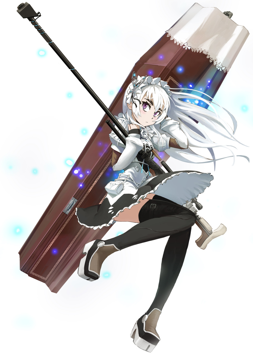 1girl absurdres bangs black_legwear chaika_trabant closed_mouth coffin dress flower frilled_dress frills frown full_body gun hair_between_eyes hairband highres hitsugi_no_chaika lolita_hairband long_hair long_sleeves rose simple_background solo thick_eyebrows thigh-highs violet_eyes weapon white_background white_flower white_hair white_rose youguang_liangliang