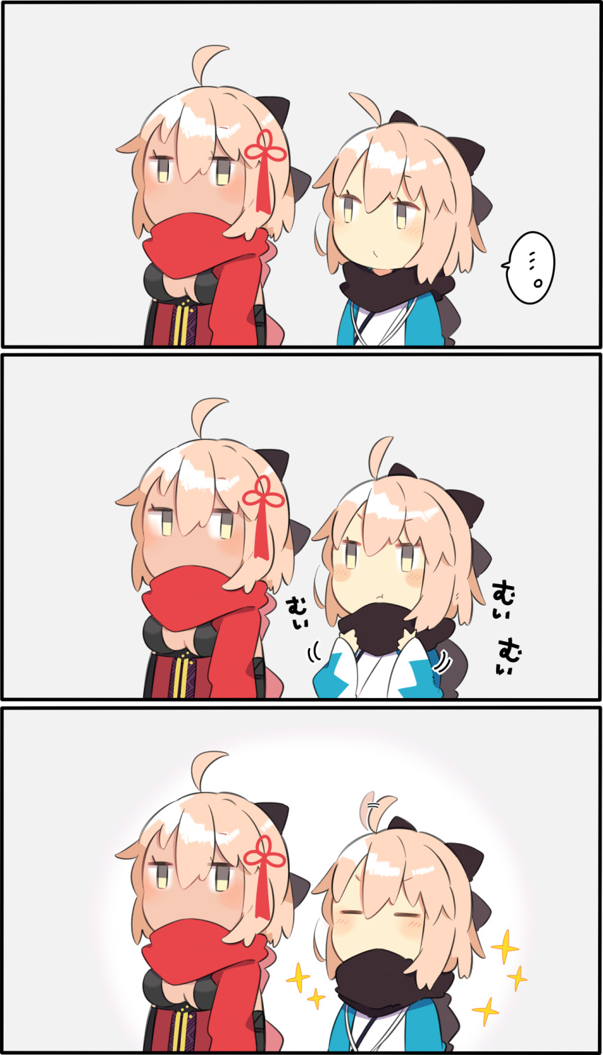 ... 2girls 3koma adjusting_scarf ahoge beige_background bow breasts chibi cleavage cleavage_cutout closed_eyes comic commentary_request expressive_hair fate/grand_order fate_(series) hair_between_eyes hair_bow hair_ornament highres japanese_clothes long_sleeves multiple_girls okita_souji_(fate) okita_souji_alter_(fate) pekeko_(pepekekeko) pout scarf sleeveless sparkle spoken_ellipsis tan translation_request wide_sleeves yellow_eyes