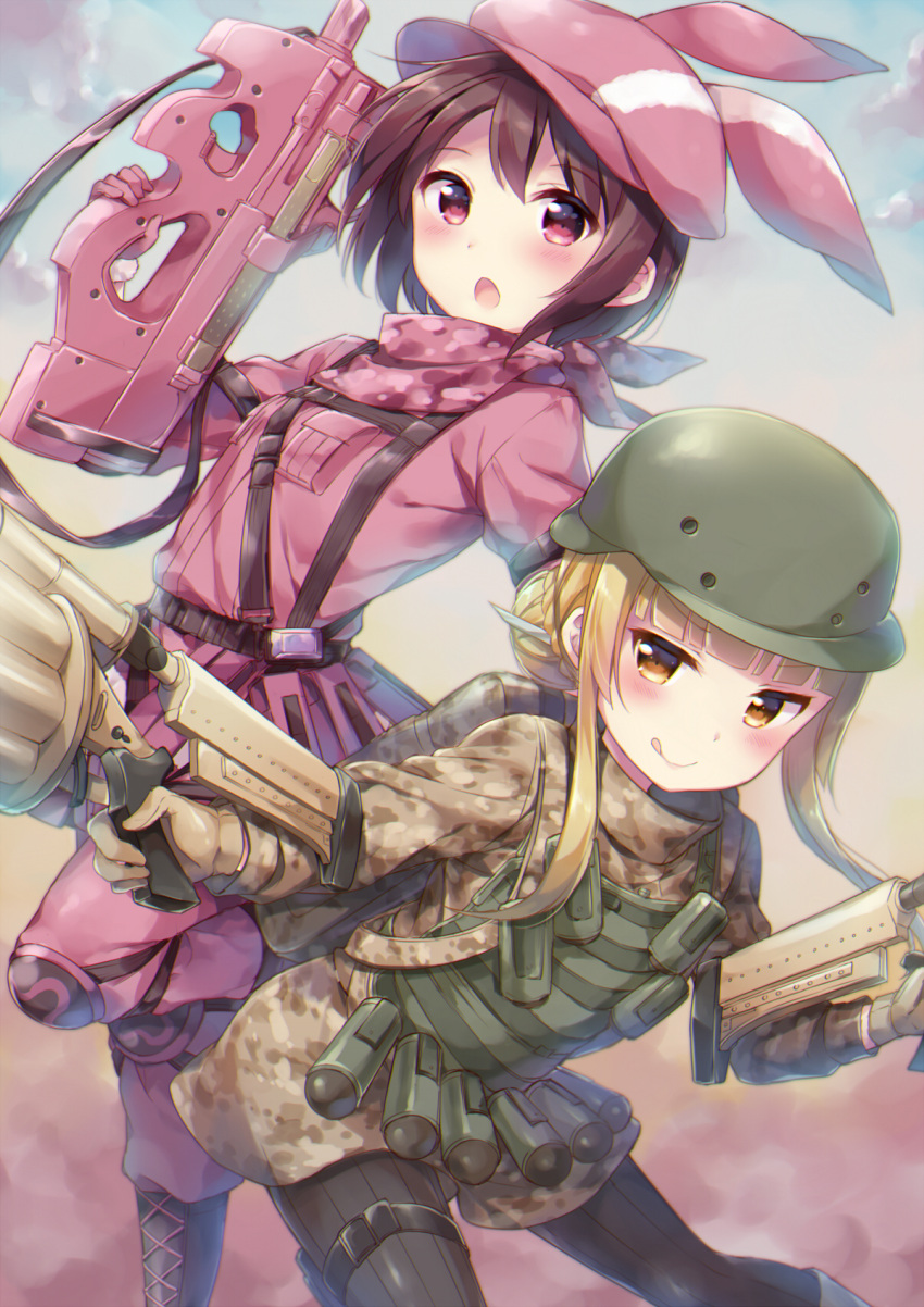 2girls :o :q animal_hat backpack bag black_legwear blonde_hair blush boots breast_pocket brown_gloves brown_hair bullpup bunny_hat camouflage commentary_request explosive fukaziroh_(sao) fur-trimmed_gloves fur_trim gloves grenade gun hair_bun hat hazuki_(sutasuta) helmet highres holding holding_gun holding_weapon knee_pads llenn_(sao) load_bearing_vest long_sleeves looking_at_viewer military military_uniform multiple_girls p-chan_(p-90) p90 pants pink_bandana pink_gloves pink_hat pink_pants pocket pouch short_hair sidelocks standing standing_on_one_leg submachine_gun sword_art_online sword_art_online_alternative:_gun_gale_online thigh-highs tongue tongue_out uniform violet_eyes weapon