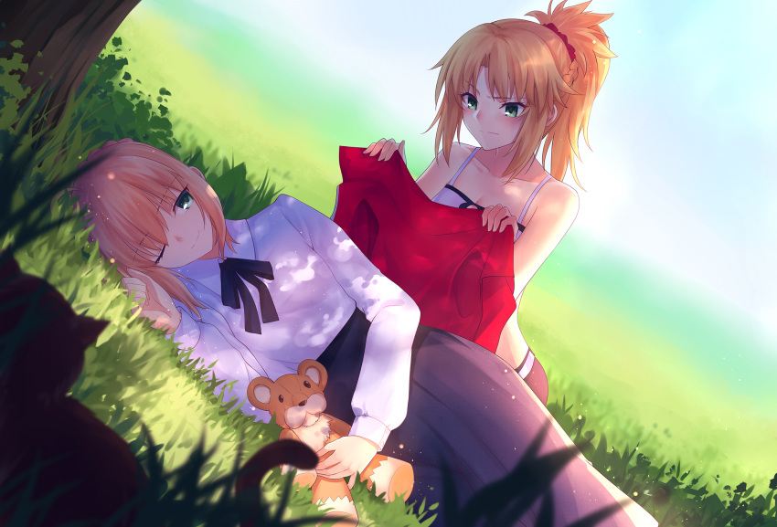 2girls artoria_pendragon_(all) blanket blonde_hair blue_skirt blush bow bowtie casual collarbone eyebrows_visible_through_hair eyes_visible_through_hair fate/apocrypha fate/grand_order fate/stay_night fate_(series) gogatsu_fukuin grass green_eyes highres long_skirt looking_at_another lying mordred_(fate) mordred_(fate)_(all) multiple_girls one_eye_closed ponytail saber school_uniform scrunchie shade skirt smile stuffed_animal stuffed_toy teddy_bear tree