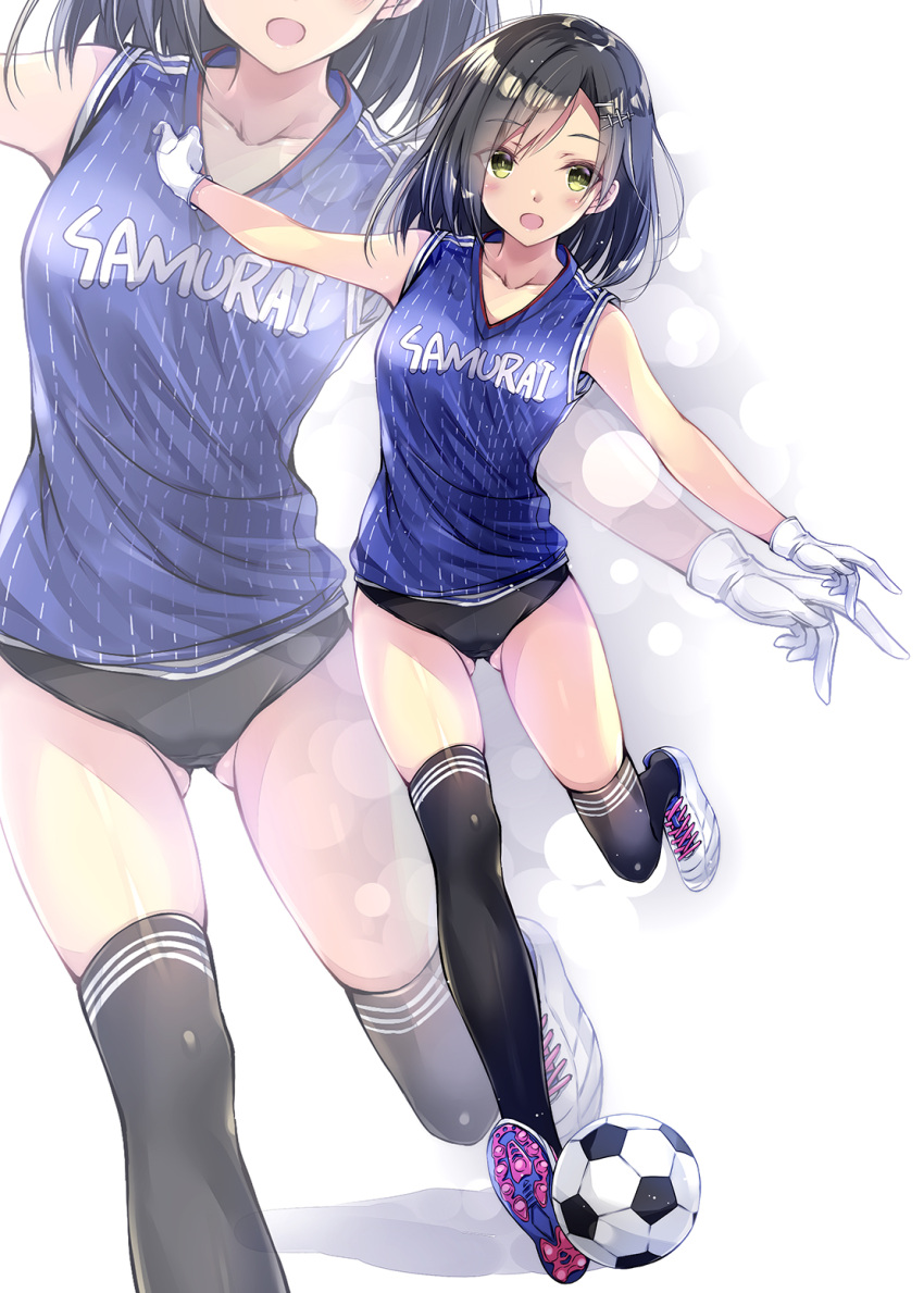 1girl ball black_hair black_legwear clothes_writing collarbone gloves highres kantai_collection kobayashi_chisato kuroshio_(kantai_collection) open_mouth outstretched_arms running shoes short_hair simple_background sleeveless smile sneakers soccer soccer_ball soccer_uniform solo sportswear spread_arms telstar thigh-highs white_background white_gloves yellow_eyes zoom_layer