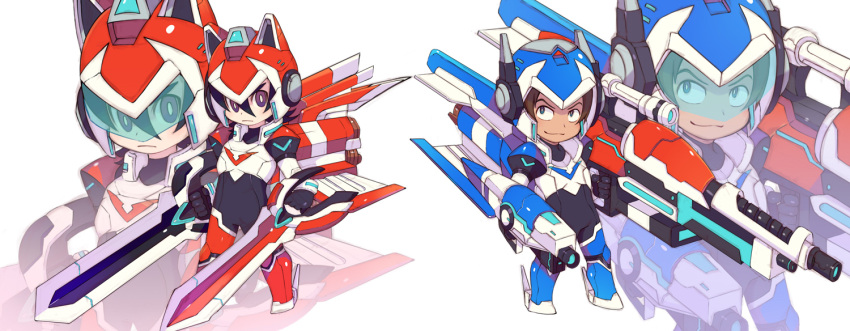 2boys aka-jishi ao-jishi black_hair brown_hair chibi closed_mouth dark_skin dark_skinned_male dual_wielding helmet holding hyakujuu-ou_golion keith_(voltron) lance_(voltron) looking_at_viewer male_focus mecha_danshi miyata_(lhr) multiple_boys redhead simple_background visor voltron:_legendary_defender white_background zoom_layer