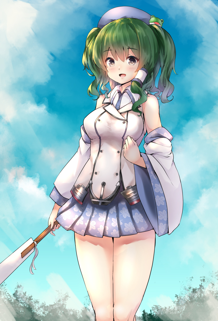 1girl :d absurdres adapted_costume alternate_hairstyle bare_shoulders beret blue_hat blue_skirt blue_sky blush breasts clouds day detached_sleeves eyebrows_visible_through_hair feet_out_of_frame frog_hair_ornament green_hair hair_between_eyes hair_ornament hair_tubes hat highres holding kantai_collection kashima_(kantai_collection) kochiya_sanae kushidama_minaka large_breasts long_sleeves looking_at_viewer miniskirt open_mouth outdoors pleated_skirt short_hair skirt sky smile solo standing thighs touhou two_side_up wide_sleeves wing_collar