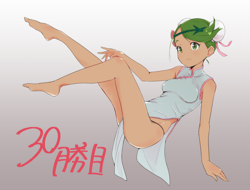 1girl alternate_costume alternate_hairstyle bare_legs barefoot breasts china_dress chinese_clothes closed_mouth dark_skin double_bun dress flower full_body gradient gradient_background green_eyes green_hair green_hairband grey_background hair_flower hair_ornament hairband legs mallow_(pokemon) medium_breasts ninchan open_mouth pokemon pokemon_(game) pokemon_sm short_hair solo