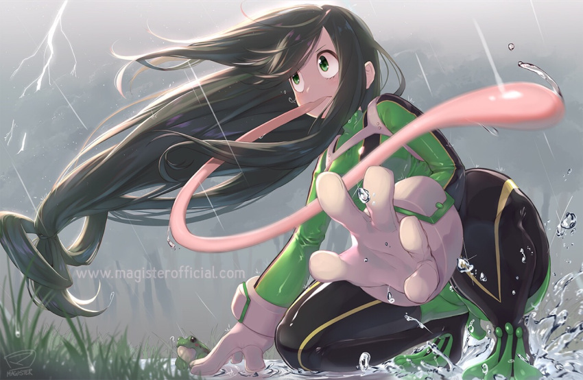 1girl :&gt; asui_tsuyu black_hair bodysuit boku_no_hero_academia clouds cloudy_sky frog gloves green_eyes lightning long_hair long_tongue low-tied_long_hair magister_(medical_whiskey) rain sky solo squatting superhero tongue very_long_hair water