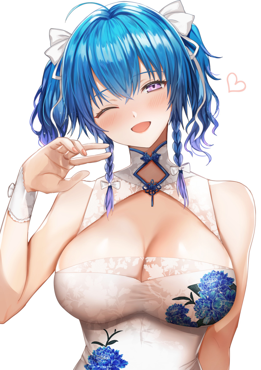 1girl ;d abandon_ranka ahoge alternate_costume azur_lane blue_hair blush braid breasts chinese_clothes cleavage cleavage_cutout eyebrows_visible_through_hair hair_ribbon heart highres large_breasts looking_at_viewer one_eye_closed open_mouth ribbon short_hair simple_background smile solo st._louis_(azur_lane) twin_braids twintails upper_body violet_eyes white_background white_ribbon