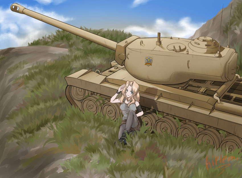 1girl blonde_hair blue_eyes caterpillar_tracks emblem girls_und_panzer ground_vehicle heavy_tank highres kakeimoto kay_(girls_und_panzer) military military_vehicle motor_vehicle saunders_(emblem) shadow smile t34_heavy_tank tank tank_top