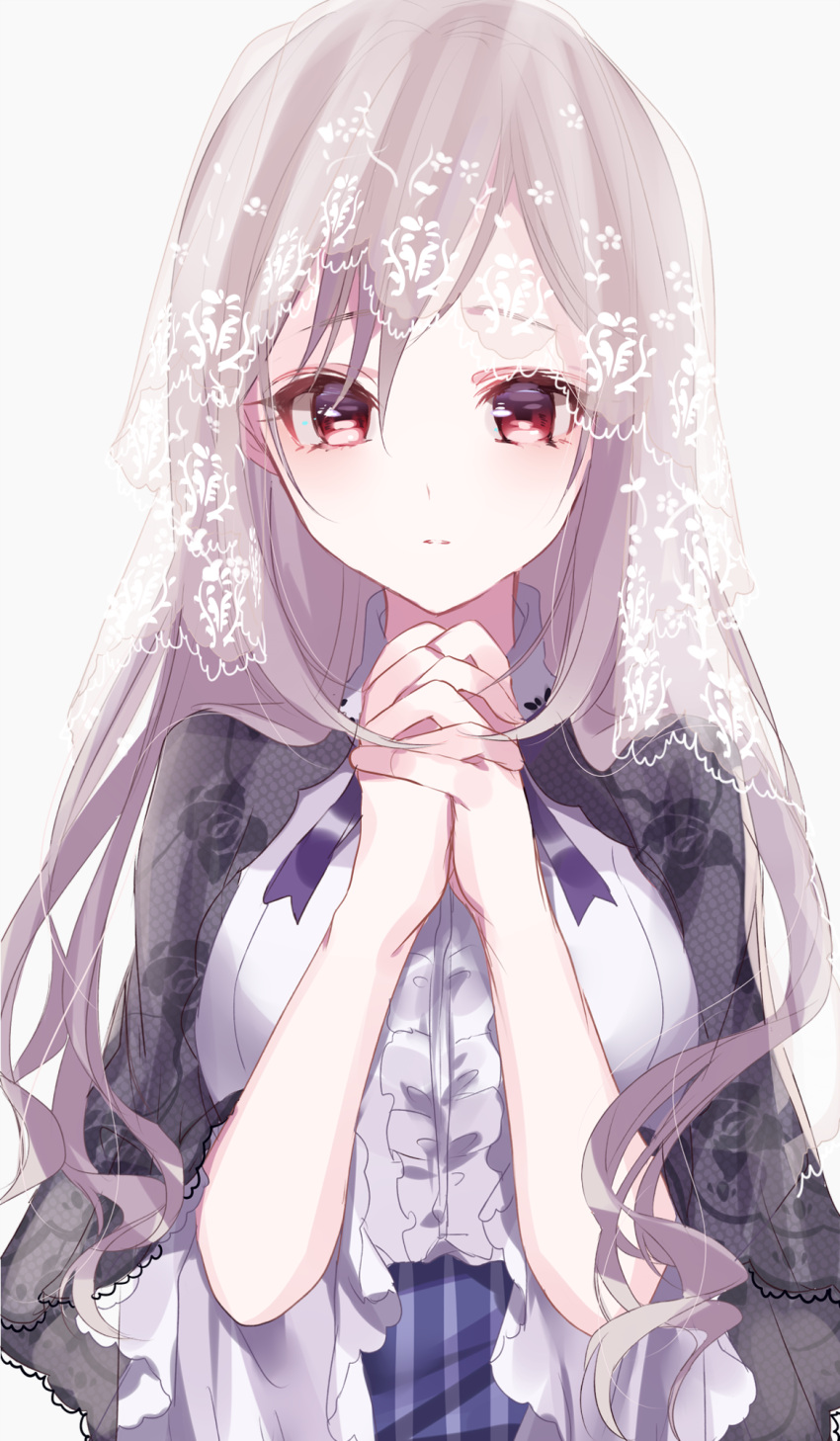 1girl alternate_hairstyle black_veil blue_dress collared_shirt dress floral_print grey_background hands_together highres idolmaster idolmaster_cinderella_girls kanzaki_ranko long_hair looking_at_viewer misumi_(macaroni) parted_lips purple_ribbon red_eyes ribbon shirt short_sleeves silver_hair simple_background solo striped veil vertical-striped_dress vertical_stripes white_shirt