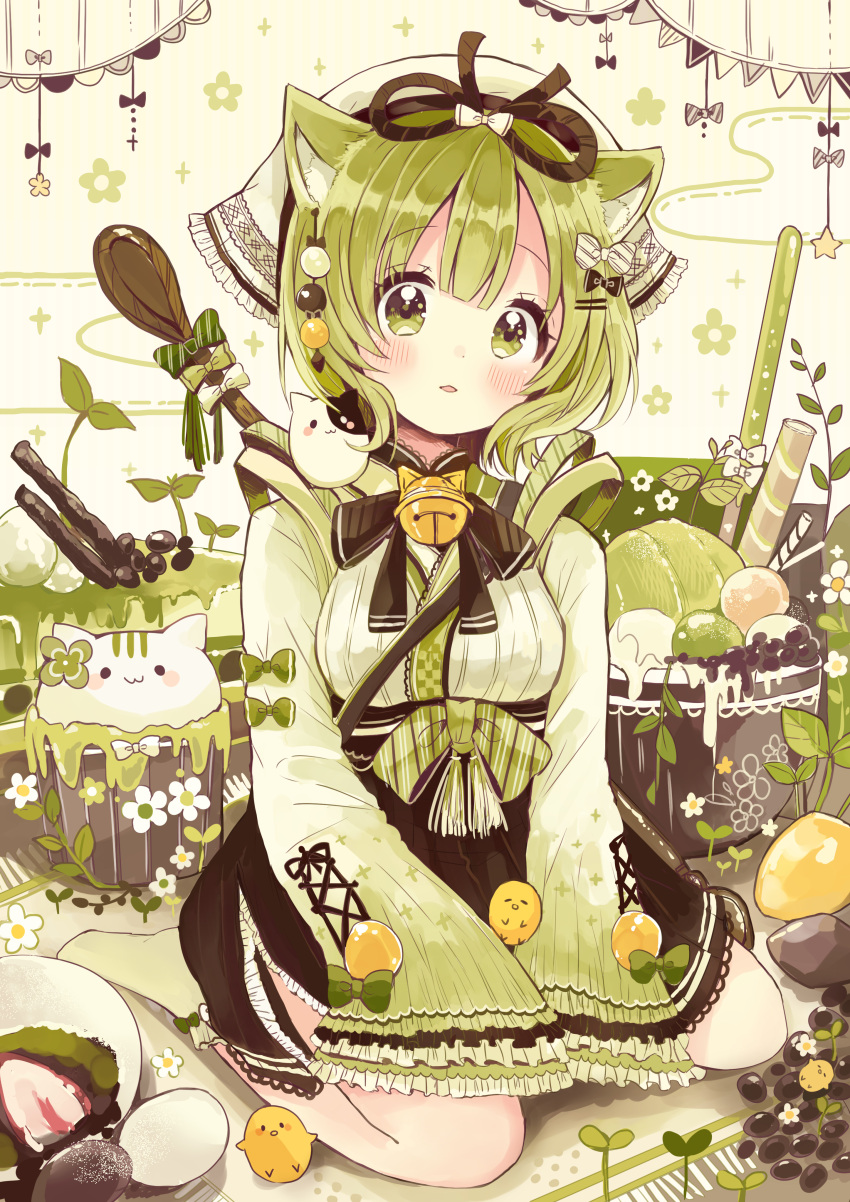 1girl :3 absurdres animal animal_ears animal_on_shoulder bangs bell bird black_bow black_neckwear blush bow bowl cat_ears chick clover egg eyebrows_visible_through_hair flower food four-leaf_clover frilled_sleeves frills green_bow green_eyes green_tea hair_bow hair_ornament hairpin head_scarf highres jingle_bell looking_at_viewer matcha_(tea) neck_ribbon original overflow parted_lips pennant personification ribbon sakura_oriko short_hair sitting skirt sleeves_past_wrists solo spoon sprout string_of_flags tea white_bow