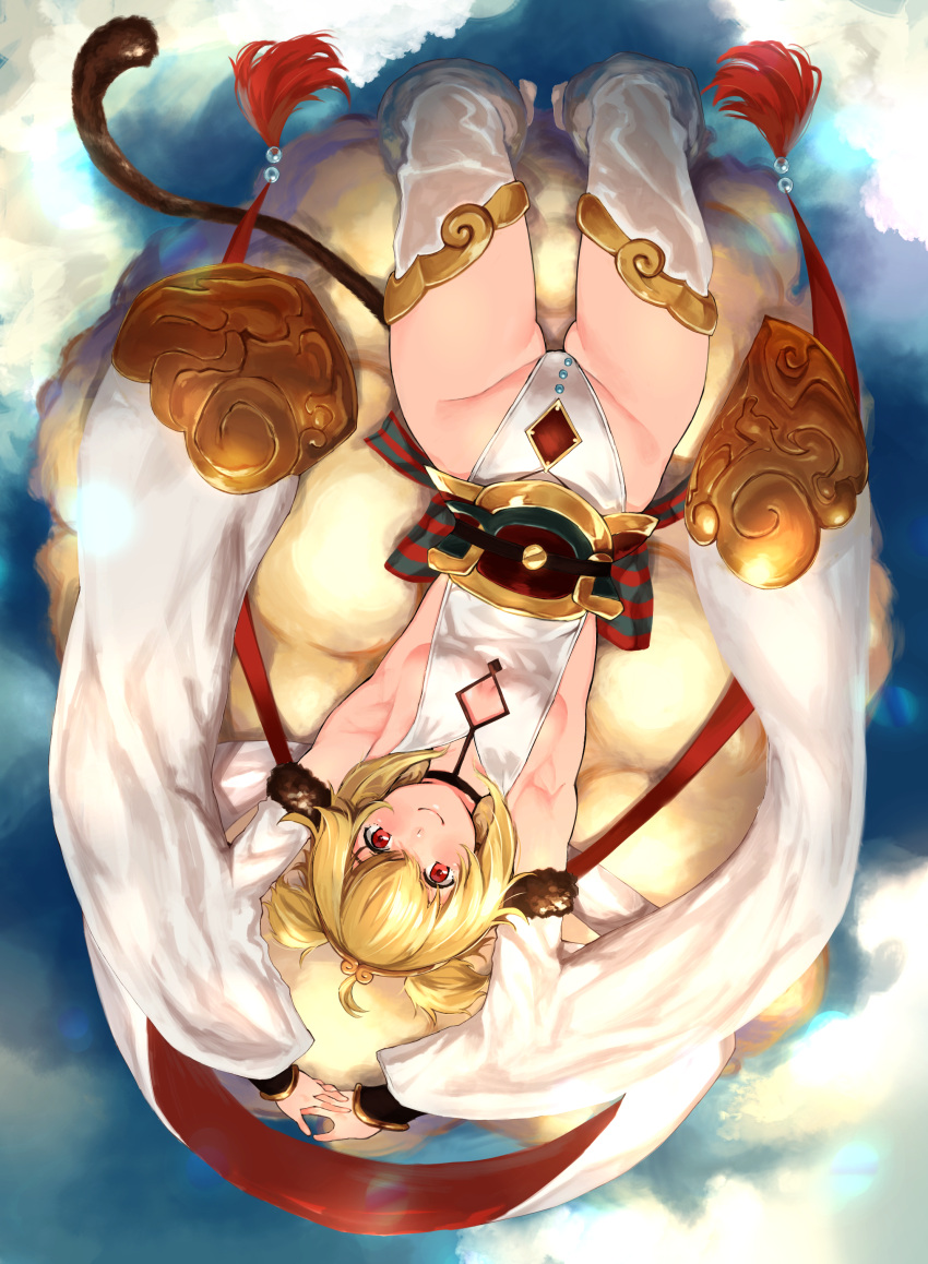 absurdres ahoge andira_(granblue_fantasy) armpits arms_up ass_visible_through_thighs detached_sleeves granblue_fantasy hairband hands_together highres interlocked_fingers leotard lying nekoshoko on_back