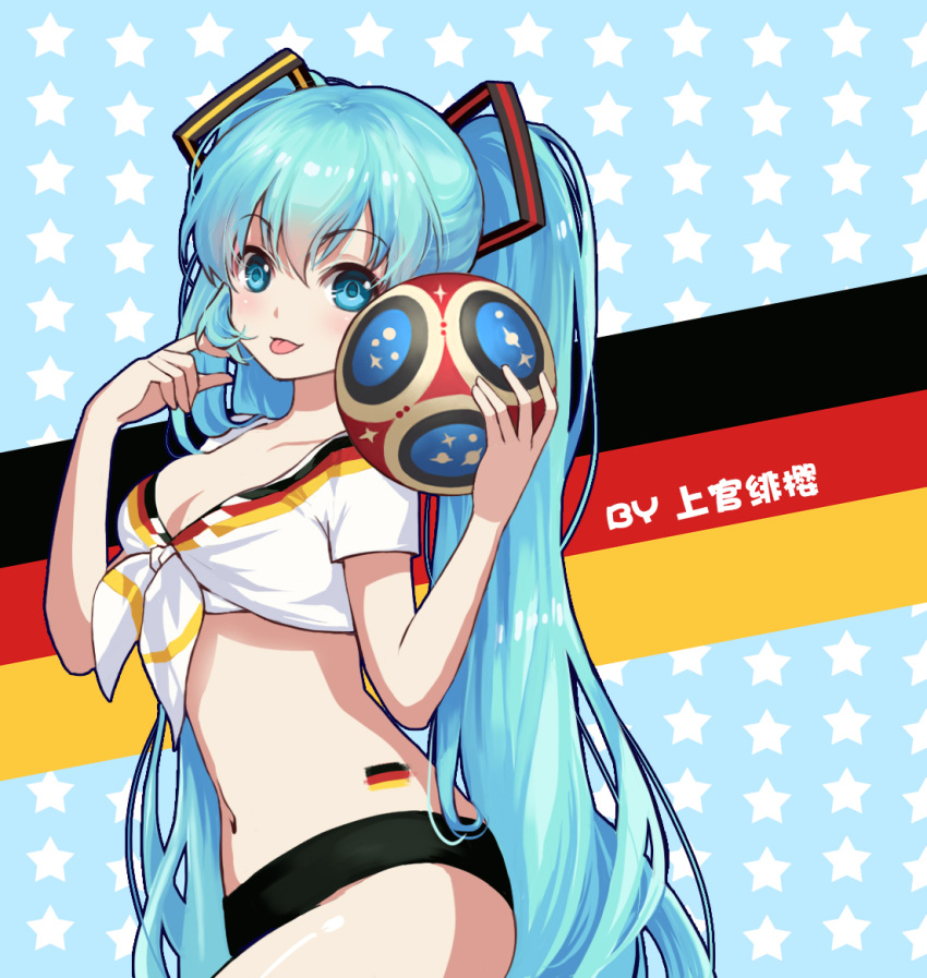 1girl 2018_fifa_world_cup :p alternate_costume ball blue_background blue_eyes blue_hair blush breasts chinese_commentary cleavage collarbone commentary_request crop_top eyebrows_visible_through_hair front-tie_top german_flag hands_up hatsune_miku holding holding_ball long_hair looking_at_viewer medium_breasts midriff navel shangguan_feiying shirt short_sleeves smile soccer_ball solo standing star starry_background stomach tattoo tied_shirt tongue tongue_out twintails upper_body very_long_hair vocaloid white_shirt world_cup