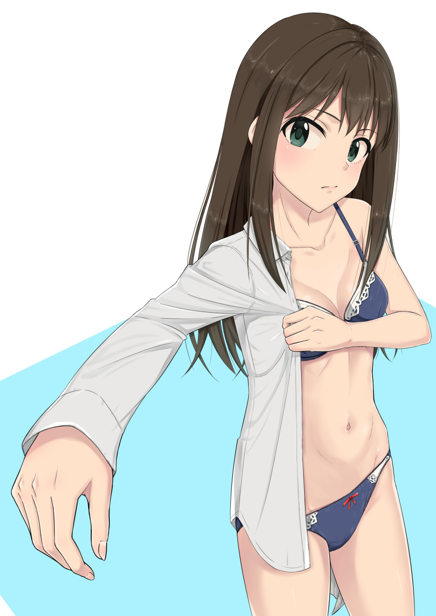 1girl absurdres blue_bra blue_underwear bow bow_panties bra breasts brown_hair cleavage dress_shirt eyebrows fingernails green_eyes groin highres idolmaster idolmaster_cinderella_girls idolmaster_cinderella_girls_starlight_stage k-ya. long_fingernails long_hair looking_at_viewer navel off_shoulder outstretched_arm panties partially_undressed shibuya_rin shirt small_breasts solo thighs underwear white_background