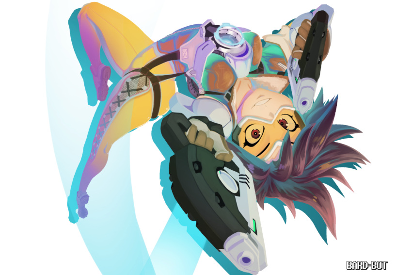 1girl artist_name bard-bot bomber_jacket brown_eyes brown_hair dual_wielding goggles grin holding jacket leg_up looking_at_viewer overwatch short_hair signature simple_background smile solo thighs tracer_(overwatch) upside-down white_background