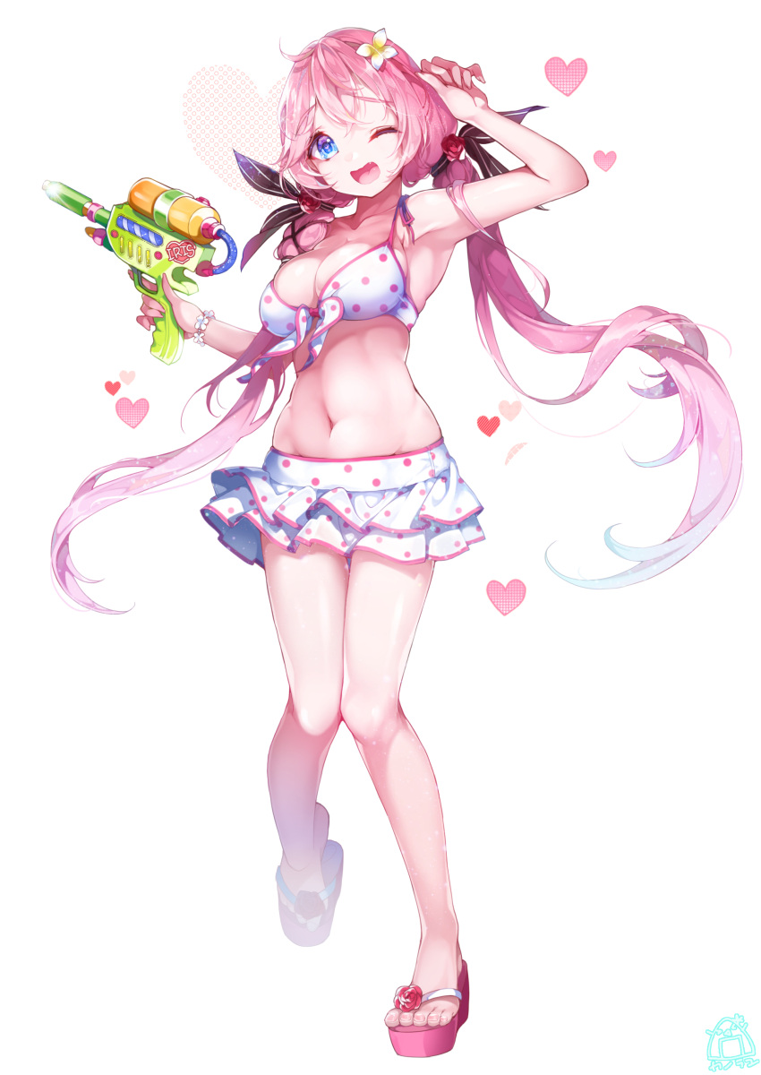 1girl ;d absurdres bikini blue_eyes highres holding kanola_u navel one_eye_closed open_mouth original pink_hair smile solo super_soaker swimsuit twintails water_gun
