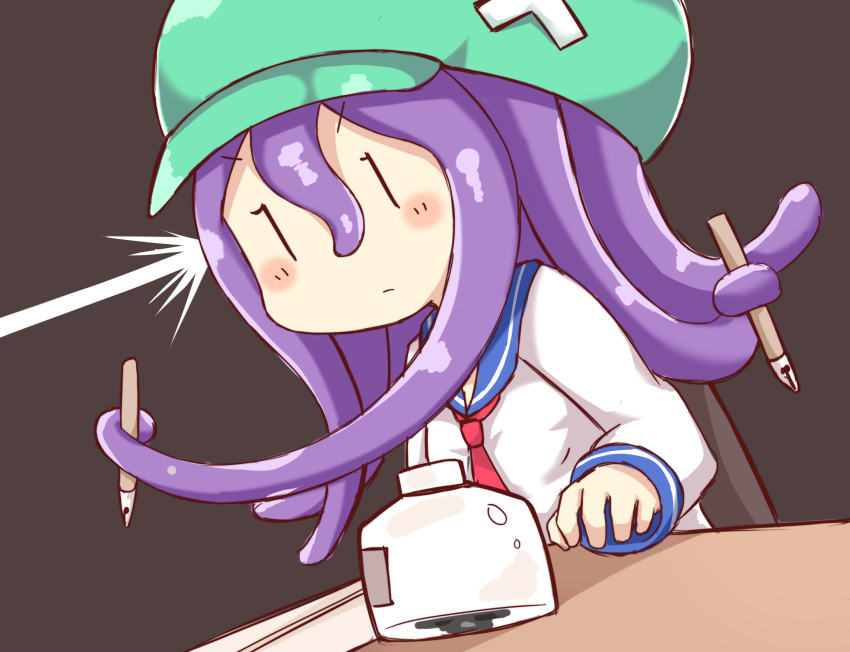 1girl blue_sailor_collar brown_background closed_mouth green_hat greenteaneko hat highres ink_bottle ink_pen long_sleeves necktie newtype_flash original paper prehensile_hair purple_hair red_neckwear sailor_collar school_uniform serafuku shirt simple_background solo table tentacle_hair white_shirt |_|