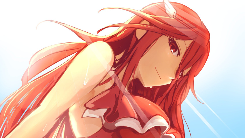 1girl fire_emblem fire_emblem:_kakusei fire_emblem_heroes hair_ornament highres long_hair looking_at_viewer looking_down nakabayashi_zun red_eyes red_swimsuit redhead smile smirk solo summer sunlight swimsuit cordelia_(fire_emblem)