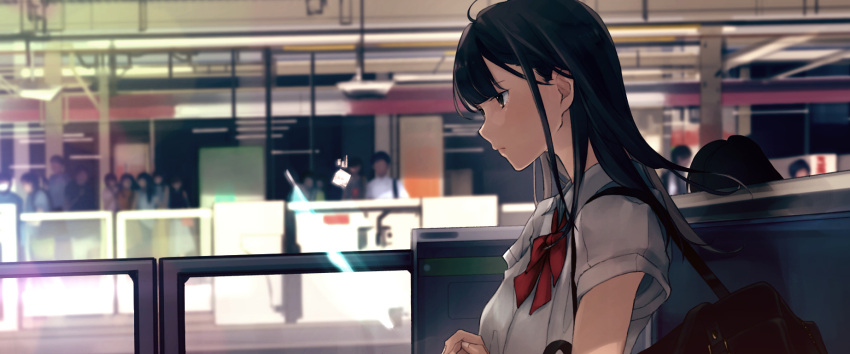 1girl ahoge bag bangs black_hair black_skirt brown_eyes closed_mouth commentary glowing highres indoors jewelry leaning_back leaning_on_object long_hair maeda_mic neckerchief original pink_lips pleated_skirt profile red_neckwear red_ribbon ribbon school_bag school_uniform shirt short_sleeves skirt summer_uniform train_station waiting white_shirt work_in_progress