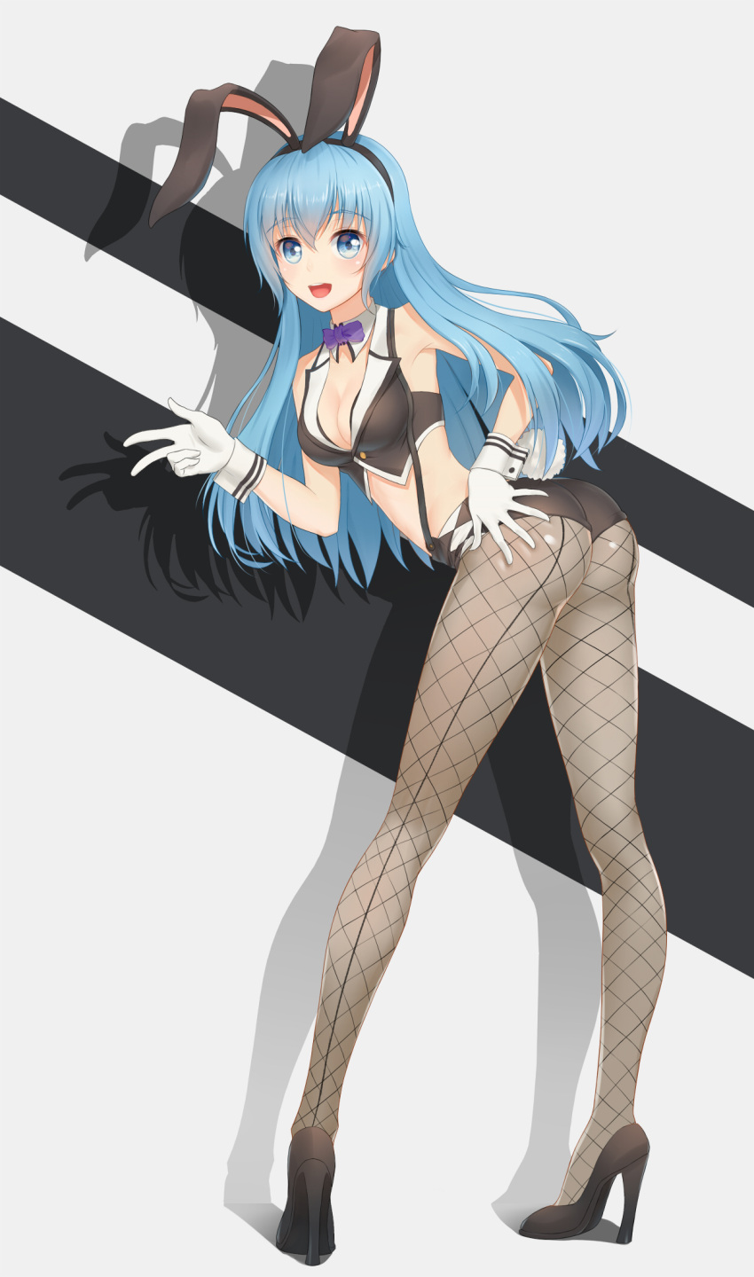 1girl :d anarchojs animal_ears bangs black_footwear black_hairband black_shorts blue_eyes blue_hair blunt_bangs bow bowtie breasts bunny_girl bunnysuit choker cleavage crop_top fake_animal_ears fishnet_pantyhose fishnets floating_hair full_body gloves hair_down hairband hand_on_ass hatsune_miku high_heels highres leaning_forward long_hair medium_breasts micro_shorts midriff open_mouth pantyhose pumps purple_bow purple_neckwear rabbit_ears shadow shiny shiny_clothes shorts sleeveless smile solo standing suspender_shorts suspenders very_long_hair vocaloid w white_gloves