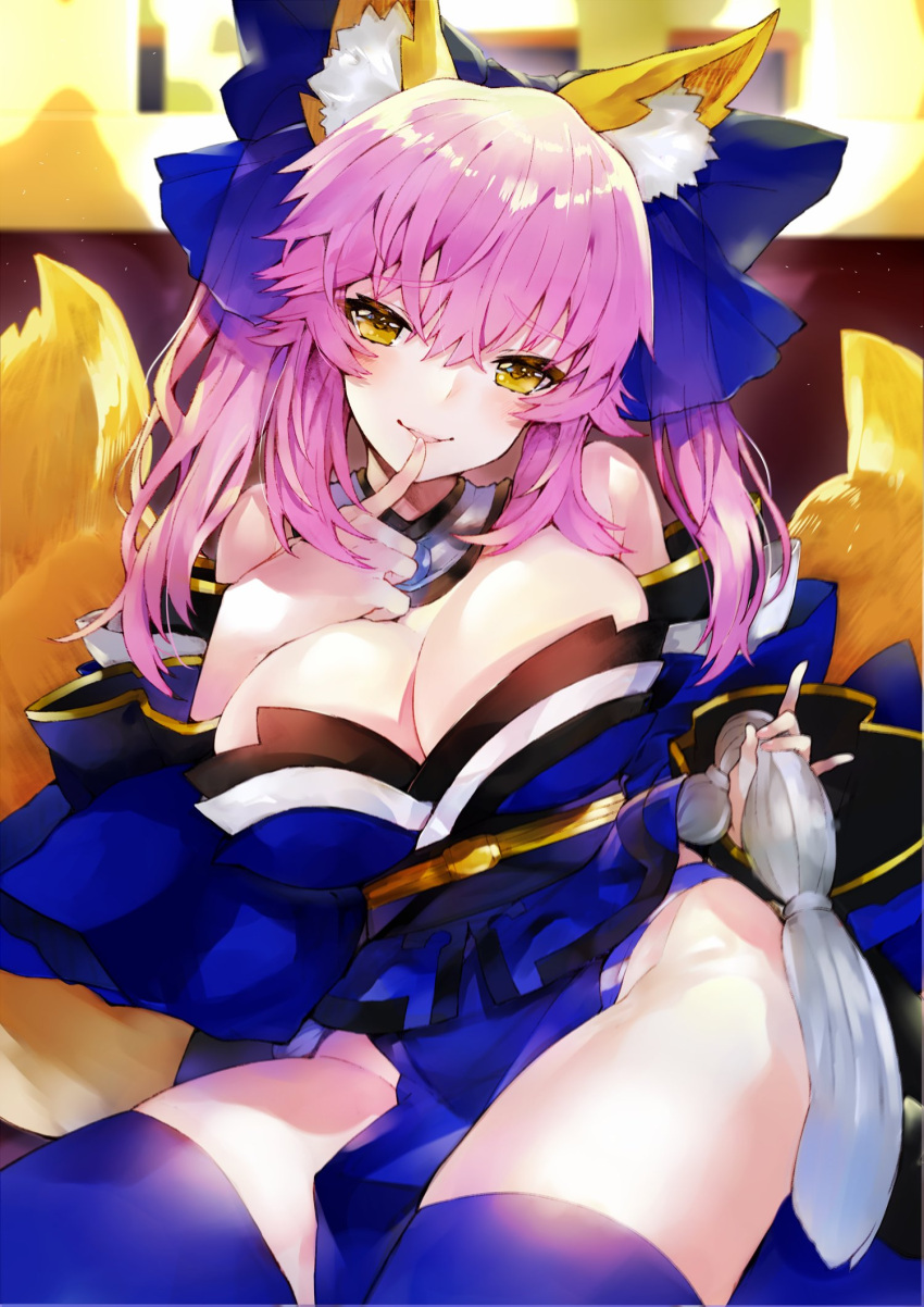 1girl animal_ears bangs bare_shoulders blue_legwear blush breasts cleavage collarbone commentary detached_sleeves ears_through_headwear eyebrows_visible_through_hair fate/grand_order fate_(series) finger_to_mouth fox_ears highres japanese_clothes kou_mashiro large_breasts long_hair obi open_mouth pink_hair sash sitting smile tamamo_(fate)_(all) tamamo_no_mae_(fate) thighs wide_sleeves yellow_eyes