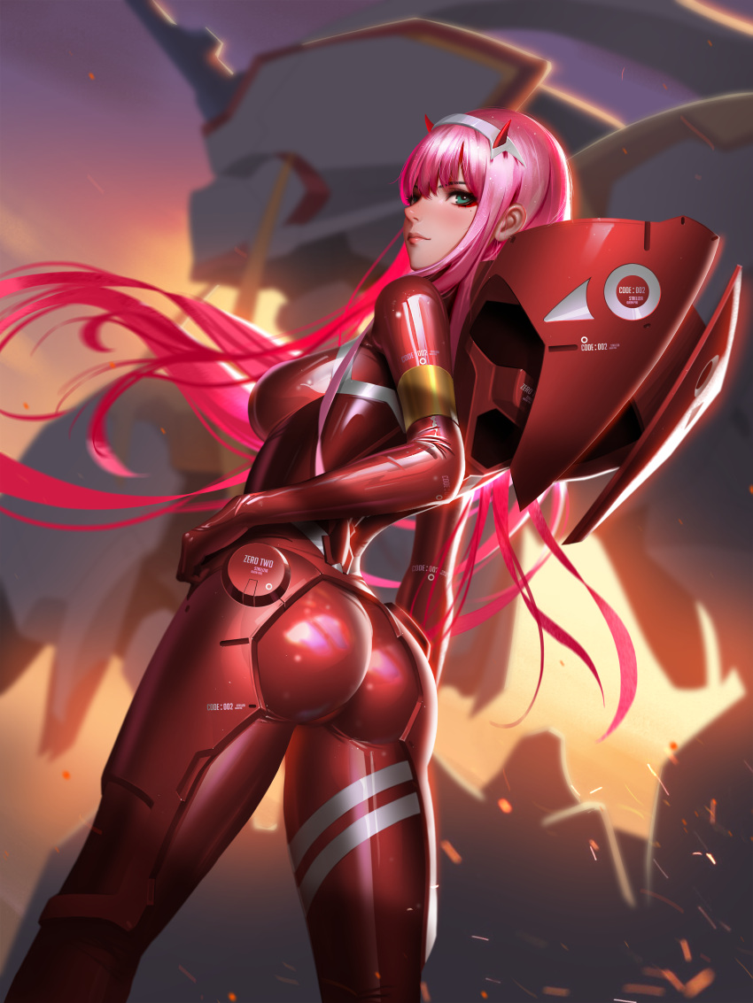 1girl absurdres aqua_eyes arched_back armlet ass bodysuit breasts darling_in_the_franxx dusk eyeshadow from_behind green_eyes hair_blowing hair_lift hairband hand_on_hip highres horns humanoid_robot liang_xing long_hair looking_back makeup mecha medium_breasts pilot_suit pink_hair pink_lips red_bodysuit red_horns shiny shiny_hair sideboob skin_tight solo straight_hair strelizia sunset white_hairband zero_two_(darling_in_the_franxx)