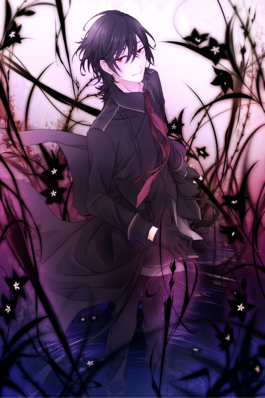 1boy absurdres black_flower black_gloves black_hair black_pants flower full_body gloves hair_between_eyes highres long_hair male_focus necktie original outdoors pants red_eyes red_neckwear short_hair smile solo standing yoizuru