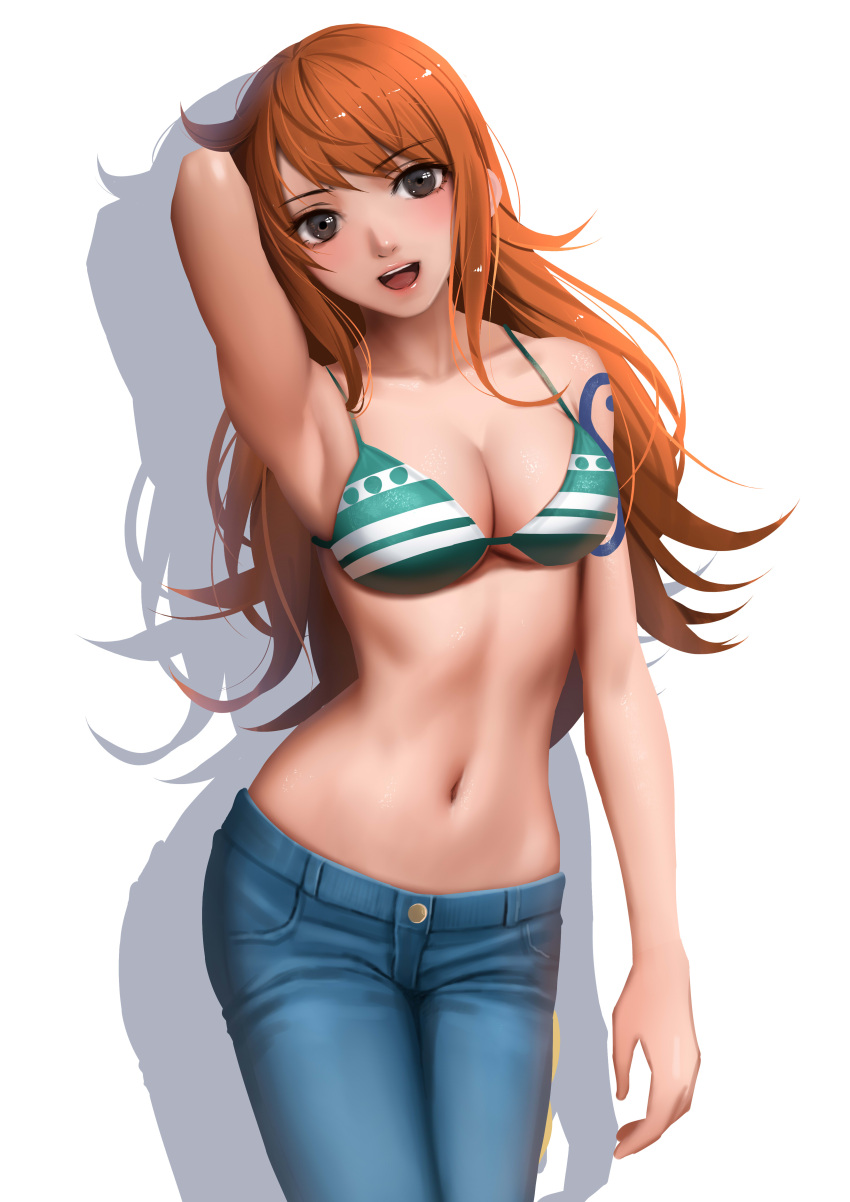 1girl absurdres arm_up armpits bikini_top blush breasts brown_eyes cowboy_shot denim eyebrows_visible_through_hair highres jeans large_breasts looking_at_viewer nami_(one_piece) one_piece open_mouth orange_hair pants solo standing tattoo white_background zyl