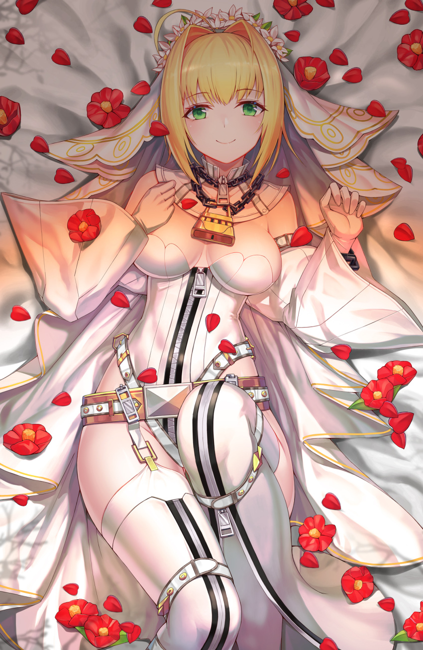 1girl ahoge bangs belt blonde_hair blush boots breasts bridal_veil btraphen chains cleavage detached_collar detached_sleeves eyebrows_visible_through_hair fate/grand_order fate_(series) flower gloves green_eyes hair_flower hair_intakes hair_ornament head_wreath highres large_breasts lock looking_at_viewer lying nero_claudius_(bride)_(fate) nero_claudius_(fate) nero_claudius_(fate)_(all) on_back padlock petals smile solo thigh-highs thigh_boots veil white_gloves white_legwear zipper zipper_pull_tab