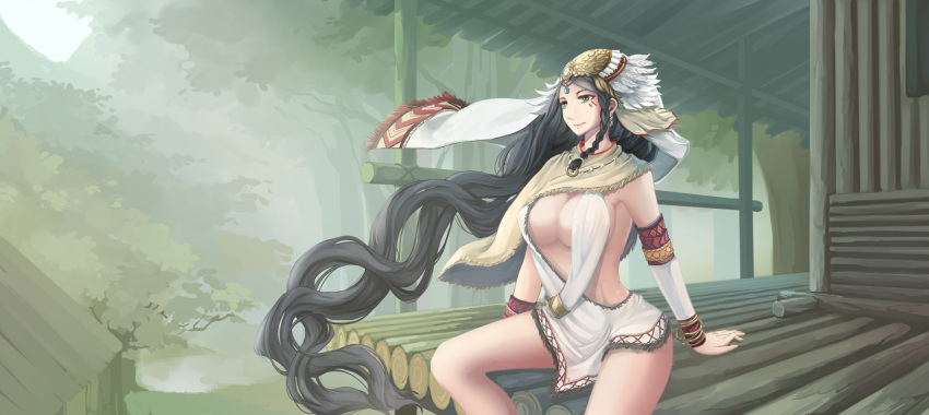 1girl bangle black_hair blurry blurry_background bracelet braid breasts cleavage detached_sleeves earrings facial_mark forest headdress highres jewelry kikivi large_breasts long_hair nature no_bra original outdoors sitting smile solo