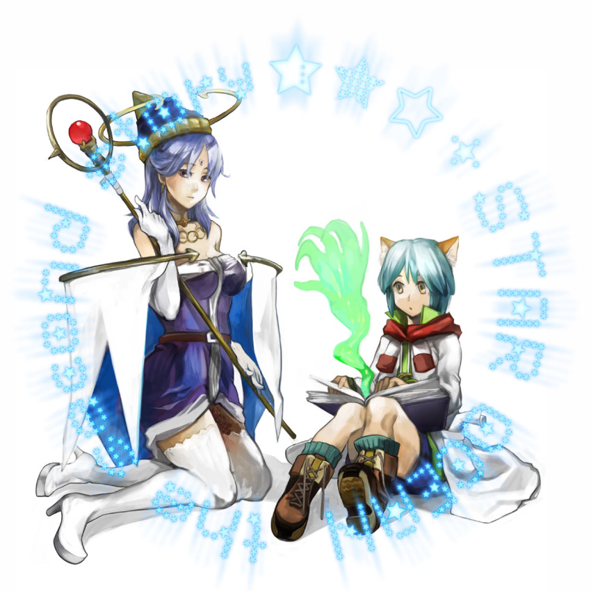 1boy 1girl animal_ears blue_hair boots breasts cat_ears celine_jules cleavage commentary_request detached_sleeves elbow_gloves gloves high_heel_boots high_heels highres legs leon_geeste long_hair oyuyamio pointy_ears short_hair skirt star_ocean star_ocean_the_second_story thigh-highs weapon