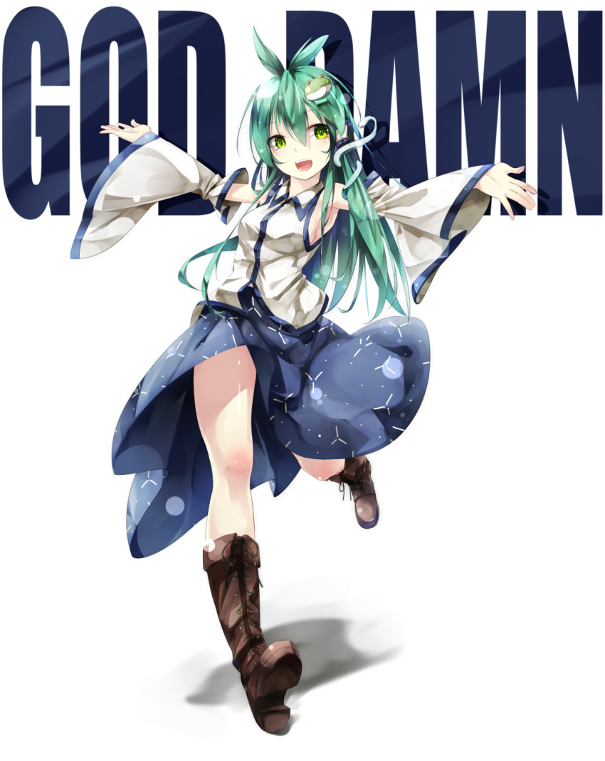 1girl bare_legs boots brown_footwear cross-laced_footwear english frog_hair_ornament gorilla_(bun0615) green_hair hair_ornament highres kochiya_sanae lace-up_boots outstretched_arms running smile touhou white_background