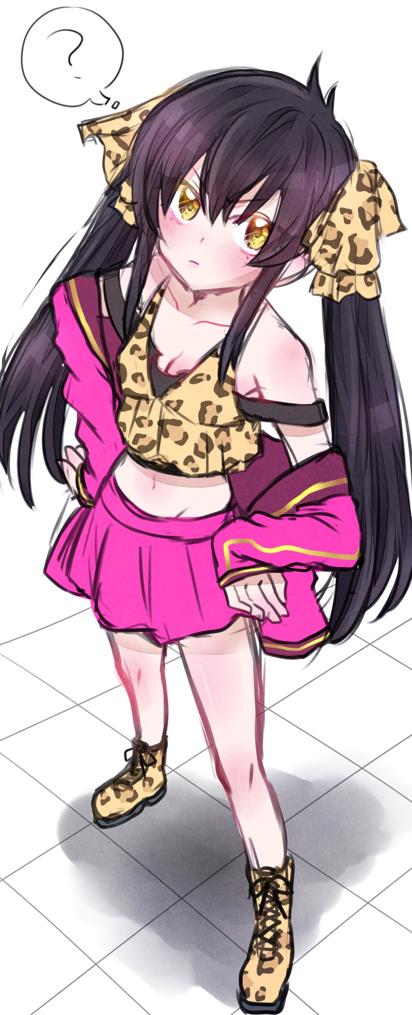 1girl ? absurdres animal_print bangs bare_shoulders black_hair boots breasts cleavage closed_mouth crop_top cross-laced_footwear eyebrows_visible_through_hair eyes_visible_through_hair frown groin hair_between_eyes hair_ribbon hands_on_hips highres idolmaster idolmaster_cinderella_girls lace-up_boots legs_apart leopard_print long_hair long_sleeves matoba_risa miki_masao miniskirt navel pink_skirt ribbon shadow sidelocks skirt small_breasts solo spoken_question_mark standing strap_slip tank_top twintails v-shaped_eyebrows yellow_eyes