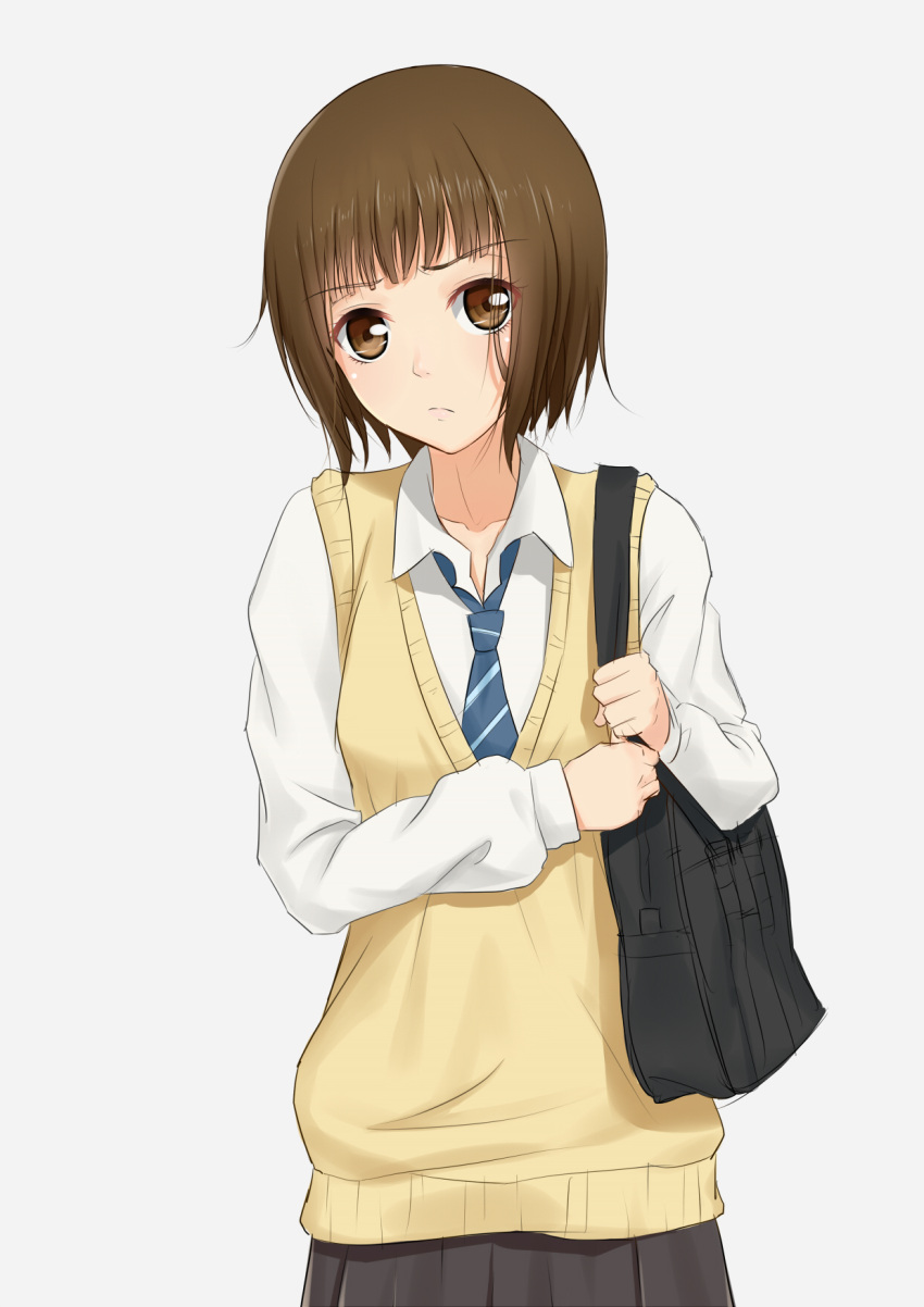 1girl anarchojs bag bangs black_skirt blue_neckwear blunt_bangs brown_eyes brown_hair collarbone endou_tomoko eyebrows_visible_through_hair grey_background head_tilt highres holding holding_bag kimi_ni_todoke looking_at_viewer miniskirt necktie school_bag school_uniform shirt short_hair simple_background skirt solo standing striped_neckwear uniform vest white_shirt yellow_vest