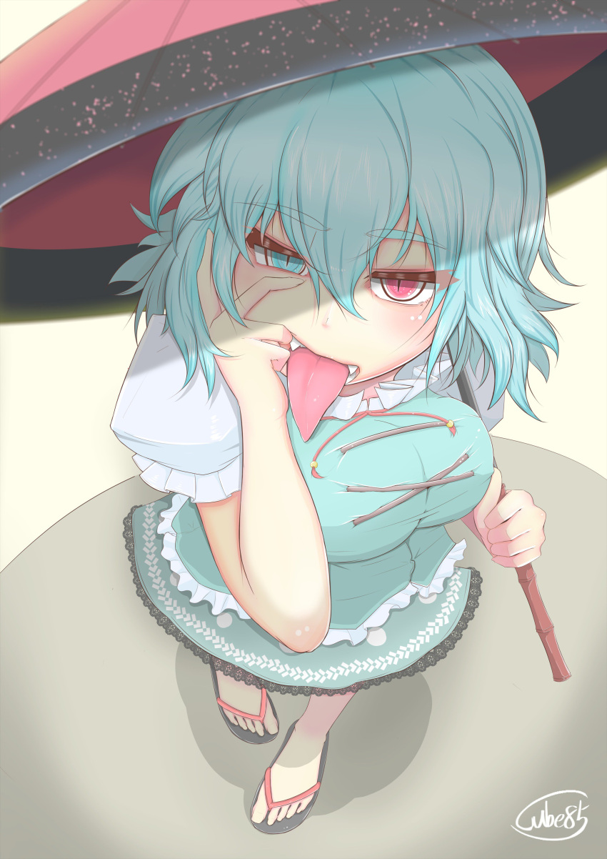 1girl absurdres aqua_eyes aqua_hair artist_name blush breasts cube85 eyebrows_visible_through_hair fangs from_above hair_between_eyes heterochromia highres impossible_clothes looking_at_viewer mouth_pull red_eyes sandals sharp_tongue signature slit_pupils solo tatara_kogasa tongue tongue_out touhou umbrella