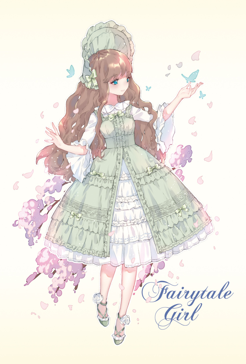 1girl ankle_flower ankle_strap bangs blue_eyes bonnet bow bowtie brown_hair bug butterfly center_frills cherry_blossoms dress flower frilled_dress frilled_sleeves frills full_body green_bow green_dress green_footwear green_neckwear highres insect lolita_fashion long_hair original overskirt petals rose smile solo wavy_hair white_flower white_neckwear white_rose wide_sleeves yuzhi