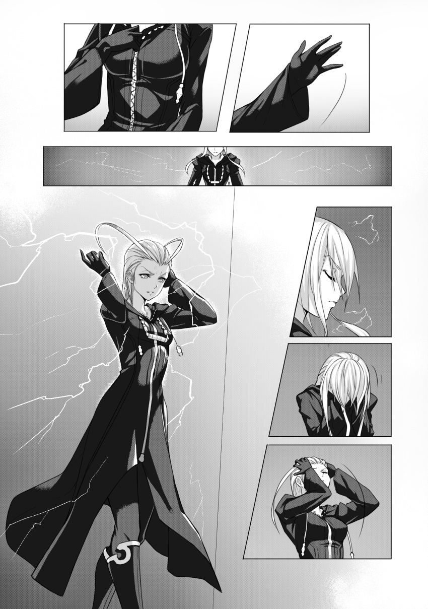 1girl antenna_hair black_coat_(kingdom_hearts) boots breasts closed_eyes coat comic electricity gloves gogo_(detteiu_de) hair_slicked_back highres kingdom_hearts larxene legs_crossed long_hair long_sleeves medium_breasts motion_lines organization_xiii silent_comic solo standing thigh-highs v-shaped_eyebrows watson_cross zipper