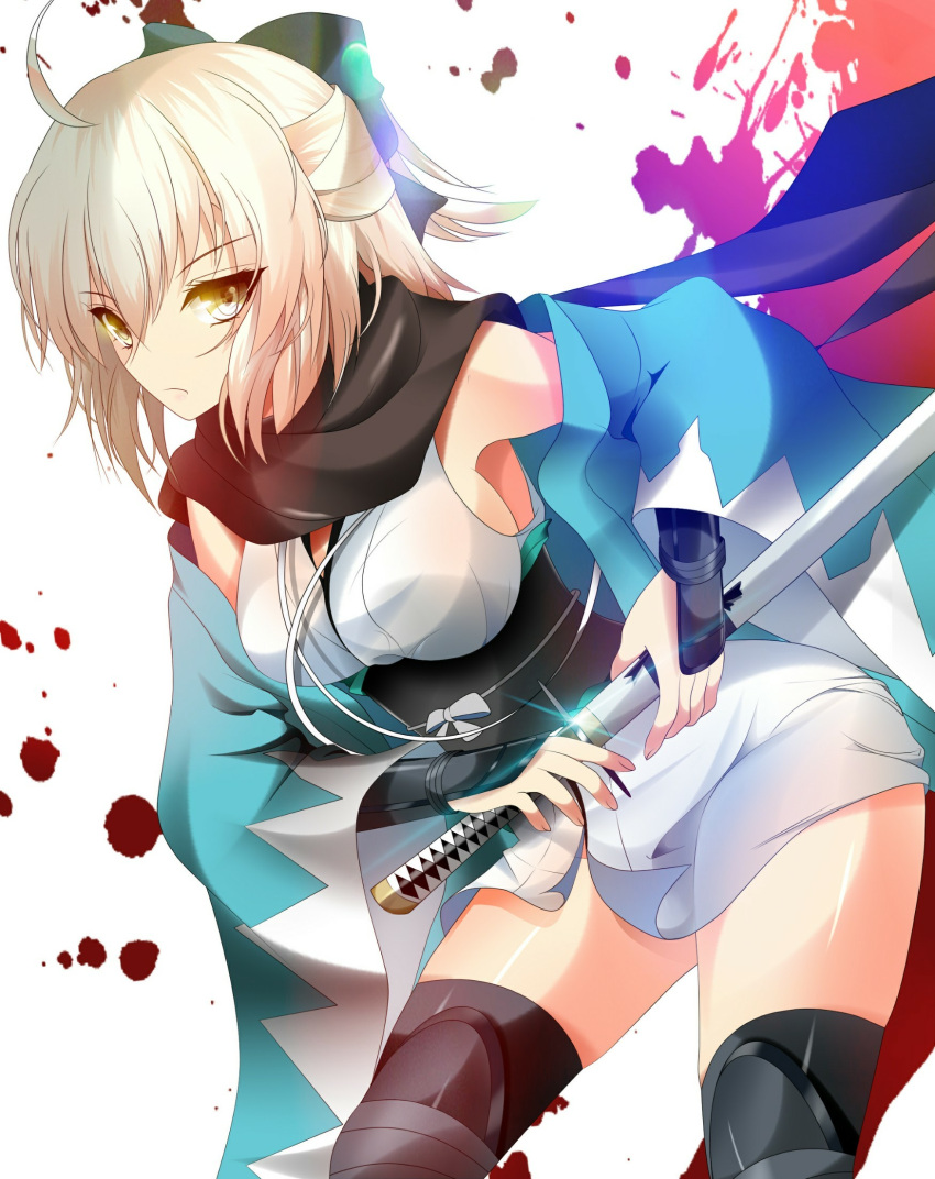 1girl ahoge black_scarf blonde_hair breasts dutch_angle eyebrows_visible_through_hair fate/grand_order fate_(series) haori highres japanese_clothes katana kimono large_breasts leaning_forward okita_souji_(fate) okita_souji_(fate)_(all) ponytail scabbard scarf serious sheath short_hair sideboob sleeveless sleeveless_kimono solo sword thigh-highs thighs unsheathing weapon white_background wide_sleeves yahoo0124 yellow_eyes