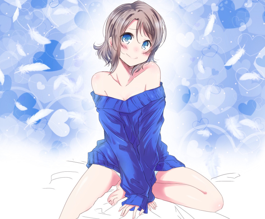 1girl barefoot bed_sheet blue_eyes blue_sweater blush breasts brown_hair cleavage collarbone eyebrows_visible_through_hair hair_between_eyes head_tilt heart highres love_live! love_live!_sunshine!! naked_sweater short_hair sitting small_breasts smile solo sweater watanabe_you white_feathers zero-theme