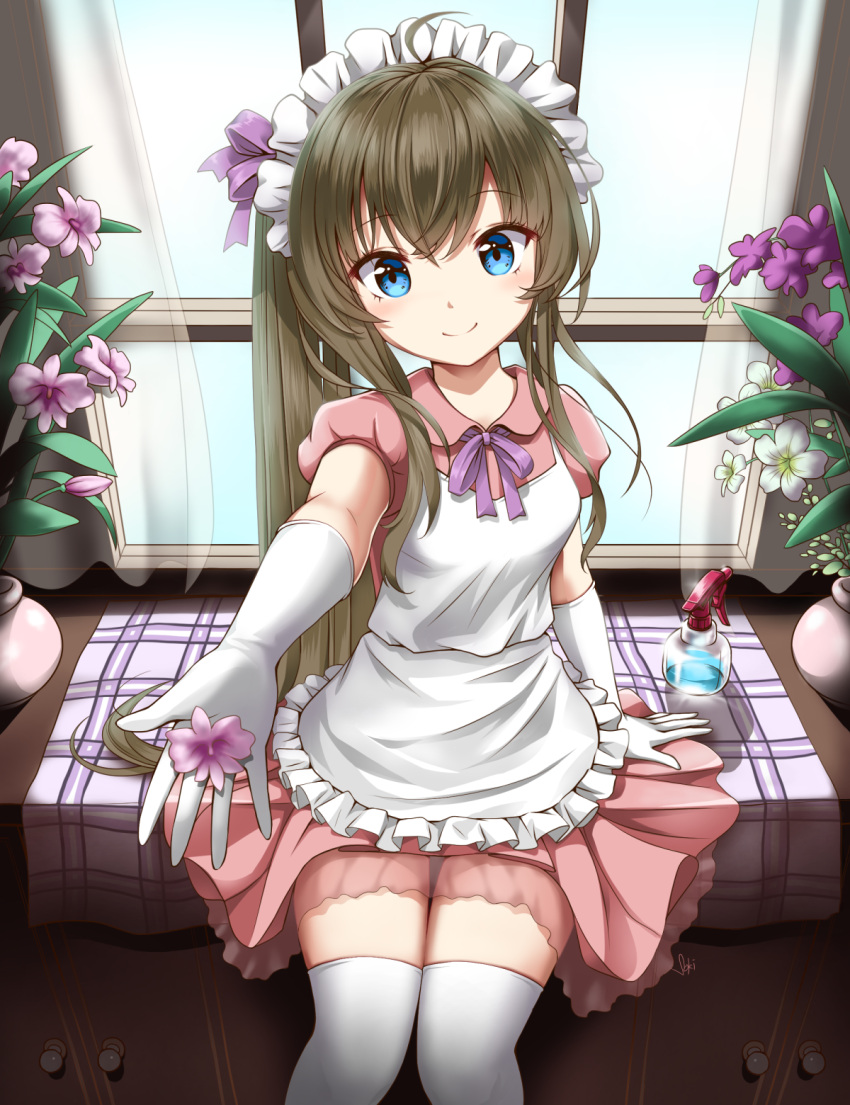 1girl ahoge apron arm_support blue_eyes brown_hair elbow_gloves eyebrows_visible_through_hair flower frilled_apron frills gloves hair_between_eyes hair_ribbon highres indoors long_hair maid maid_headdress miniskirt neck_ribbon original outstretched_arm pink_shirt pink_skirt pleated_skirt purple_flower purple_ribbon ribbon see-through shirt short_sleeves side_ponytail skirt smile solo sony_kisaragi thigh-highs very_long_hair white_apron white_gloves white_legwear window zettai_ryouiki