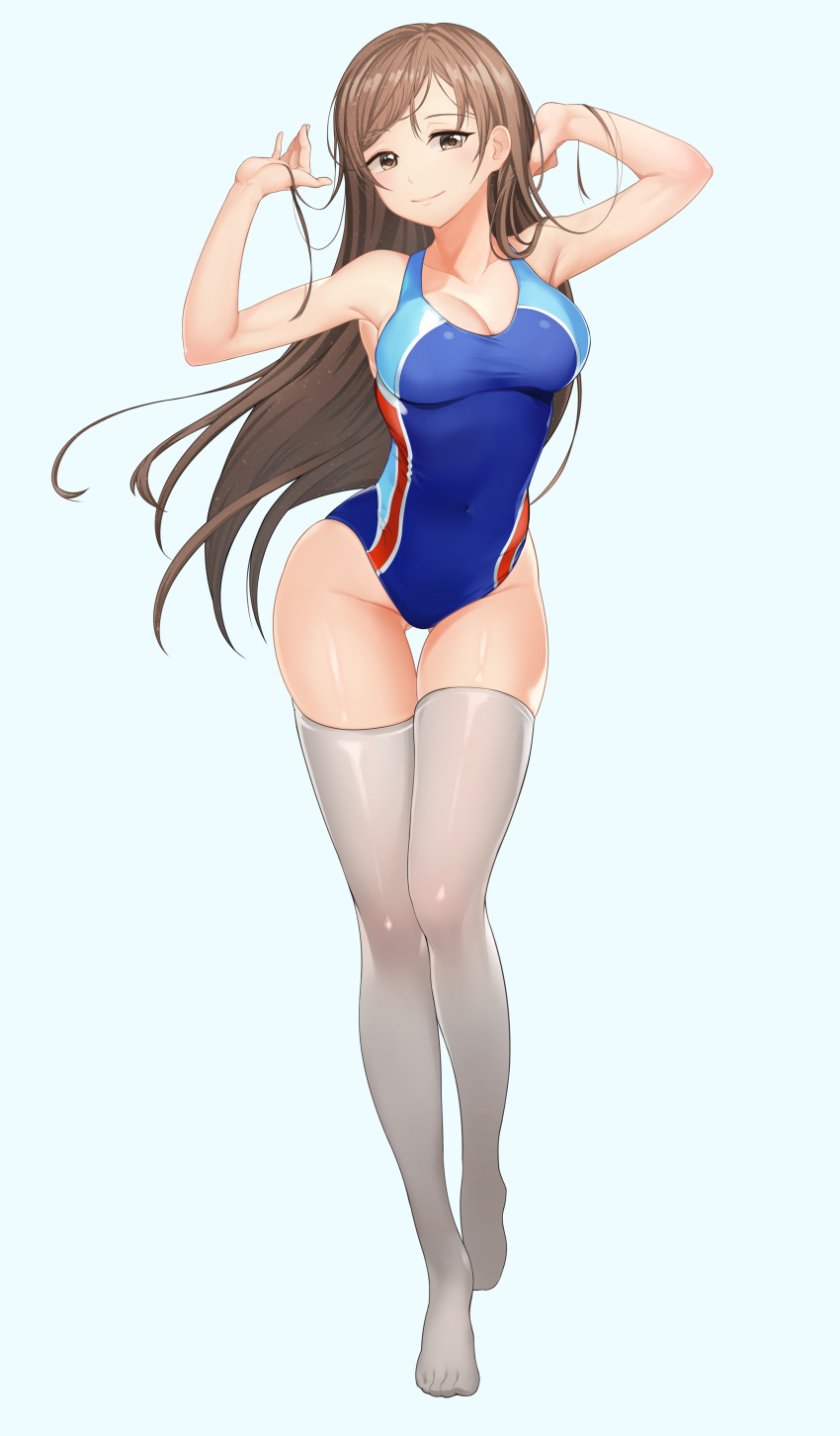 1girl absurdres arms_up breasts brown_eyes brown_hair cleavage competition_swimsuit full_body highres hpb8642 idolmaster idolmaster_cinderella_girls long_hair looking_at_viewer medium_breasts navel nitta_minami one-piece_swimsuit simple_background skindentation smile solo standing swimsuit thigh-highs thigh_gap very_long_hair white_legwear wide_hips