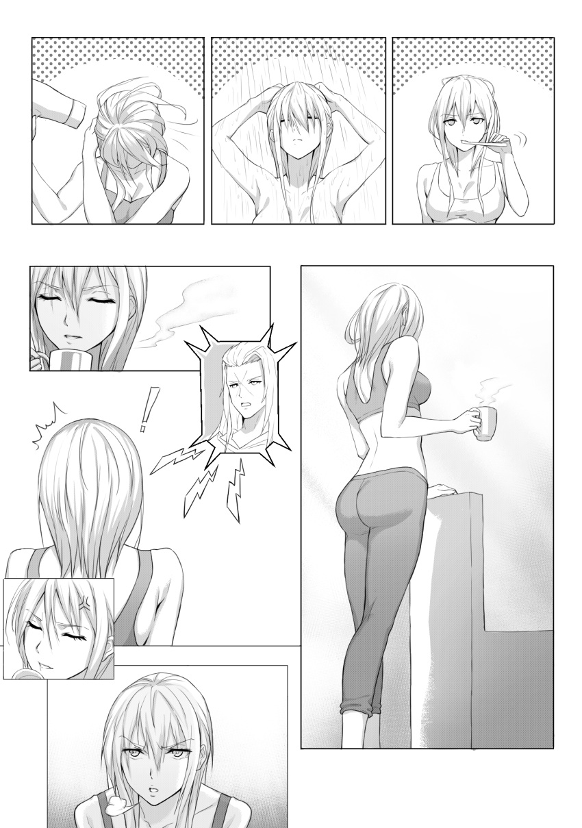 ! /\/\/\ 1boy 1girl anger_vein antenna_hair arms_up ass bangs bare_shoulders bra breasts brushing_teeth cleavage closed_eyes collarbone comic cup drying drying_hair eyebrows_visible_through_hair gogo_(detteiu_de) hair_between_eyes hair_dryer highres holding holding_cup kingdom_hearts larxene long_hair medium_breasts motion_lines mug nude open_mouth pants saix showering silent_comic solo_focus sports_bra standing toothbrush underwear v-shaped_eyebrows water wet wet_hair