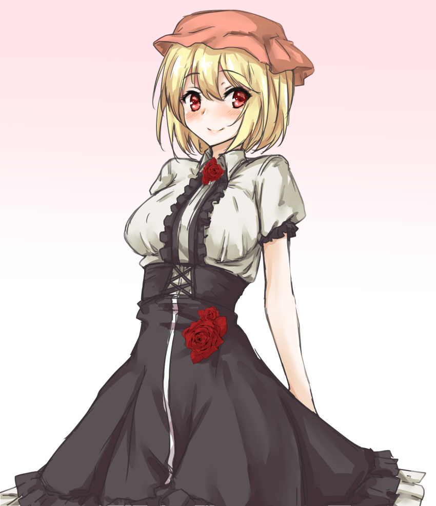 1girl aki_minoriko amagi_(amagi626) black_skirt blonde_hair blush breasts commentary_request eyebrows_visible_through_hair flower frills gradient gradient_background hair_between_eyes hat highres large_breasts looking_at_viewer mob_cap orange_hat petticoat pink_background puffy_short_sleeves puffy_sleeves red_eyes red_flower red_rose rose shirt short_hair short_sleeves skirt smile solo touhou white_background white_shirt wing_collar