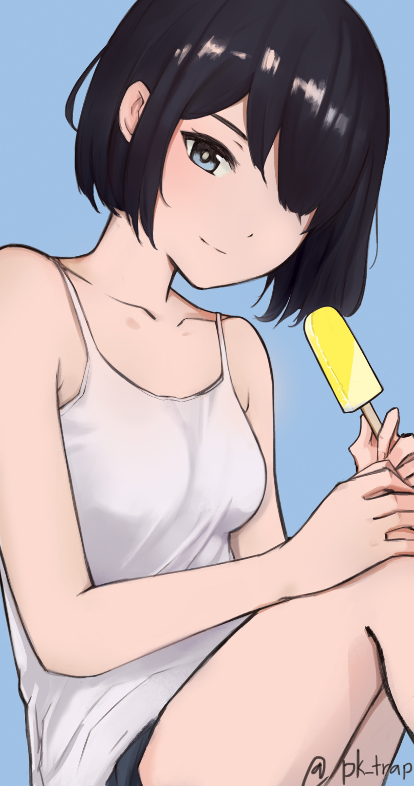 1girl absurdres artist_name bangs bare_legs black_hair blue_eyes bob_cut camisole food hair_over_one_eye hand_on_own_knee highres light_smile looking_at_viewer original pk_trap popsicle short_hair shorts simple_background sitting solo