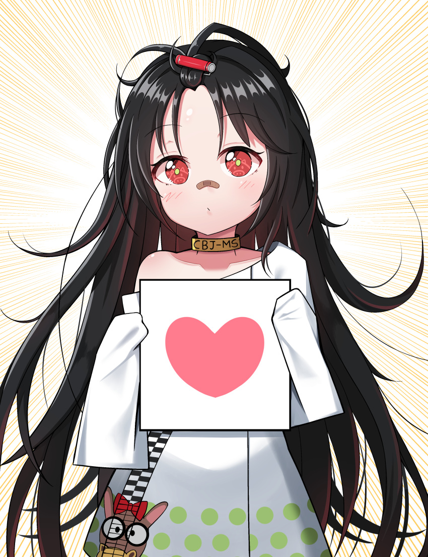 1girl absurdres animal_print bandaid bandaid_on_nose bangs bangs_pinned_back black_hair blush c-ms_(girls_frontline) closed_mouth collarbone commentary cow_print dress emphasis_lines english_commentary eyebrows_visible_through_hair girls_frontline hair_between_eyes heart highres holding long_hair long_sleeves looking_at_viewer off_shoulder oversized_clothes red_eyes simple_background sleeves_past_fingers sleeves_past_wrists solo starfox1015 very_long_hair white_background white_dress