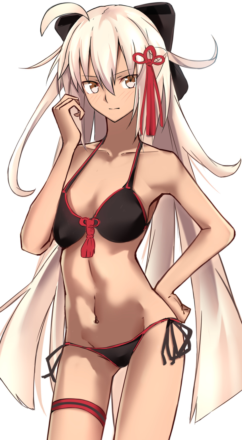 1girl absurdres bangs bikini black_bikini black_bow blush bow breasts cleavage collarbone cowboy_shot fate_(series) groin hair_between_eyes hair_bow hair_ribbon highres koha-ace long_hair looking_at_viewer medium_breasts navel okita_souji_alter_(fate) red_ribbon ribbon side-tie_bikini silver_hair simple_background solo standing swimsuit thigh_strap very_long_hair white_background yellow_eyes yuchio