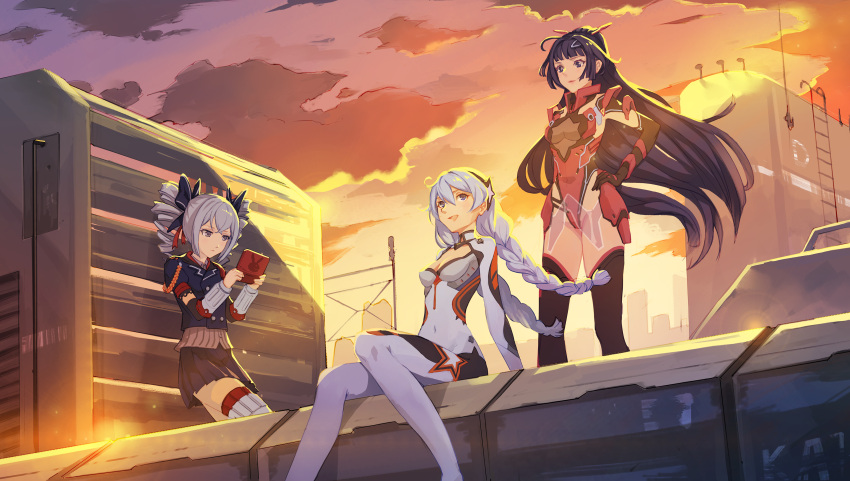 3girls absurdres bangs benghuai_xueyuan blue_eyes blush bow braid breasts bronya_zaychik drill_hair gloves hair_between_eyes hair_bow hair_ornament highres honkai_impact jewelry kai1up kiana_kaslana long_hair looking_at_viewer multiple_girls purple_hair raiden_mei silver_hair smile sunset thigh-highs twin_braids twin_drills twintails violet_eyes