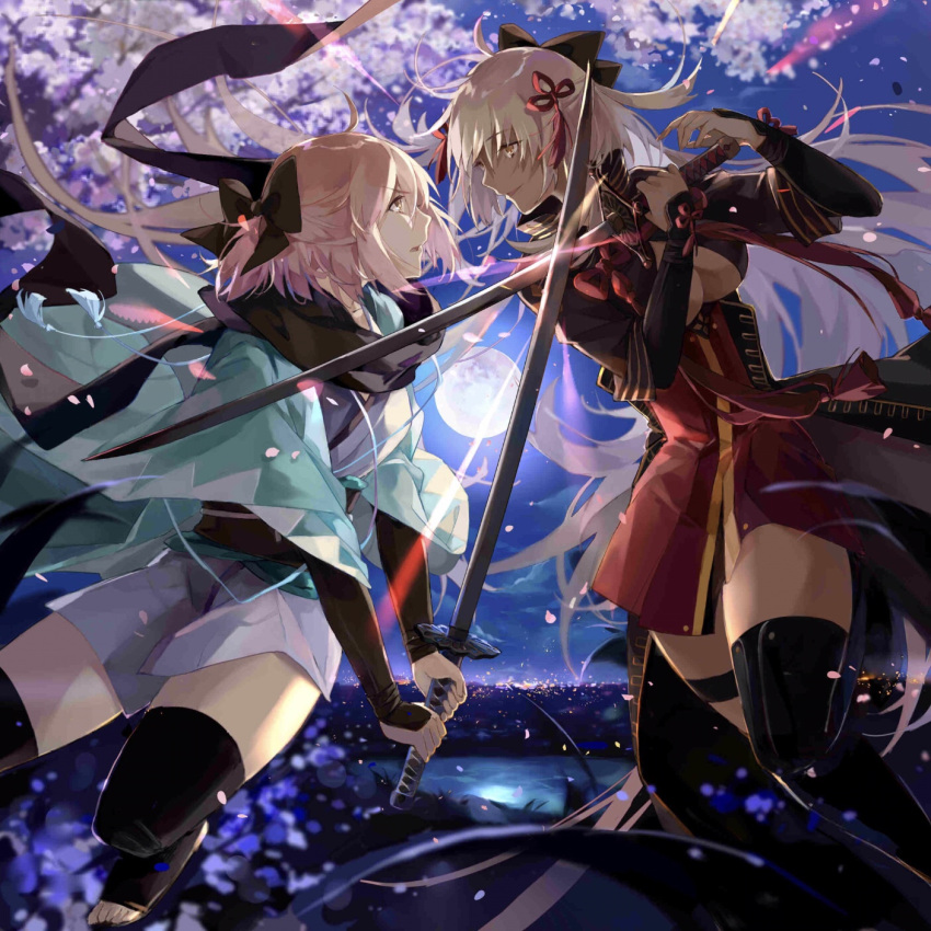 2girls black_bow black_legwear black_scarf blonde_hair bow breasts cherry_blossoms cleavage dark_skin eye_contact fate/grand_order fate_(series) fighting floating_hair full_moon grey_kimono hair_bow hair_ribbon haori high-waist_skirt highres holding holding_sword holding_weapon japanese_clothes katana kimono lizi13896363898 long_hair looking_at_another medium_breasts moon multiple_girls night obi okita_souji_(fate) okita_souji_alter_(fate) open_mouth outdoors red_ribbon red_skirt ribbon sash scarf short_kimono silver_hair skirt smile sword thigh-highs very_long_hair weapon yellow_eyes