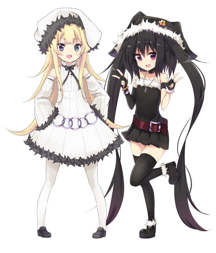2girls :d amano_kouki animal_ears animal_hat bangs belt_buckle black_bow black_choker black_dress black_footwear black_gloves black_hair black_hat black_legwear blonde_hair blush bow brown_belt buckle choker cross cross_necklace detached_sleeves double_v dress elbow_gloves eyebrows_visible_through_hair fingerless_gloves fur-trimmed_boots fur-trimmed_dress fur-trimmed_gloves fur-trimmed_hat fur-trimmed_sleeves fur_trim glint gloves green_eyes hair_between_eyes hands_on_hips hands_up hat heterochromia highres jewelry latin_cross loafers long_hair long_sleeves multiple_girls necklace note-chan open_mouth original pantyhose pigeon-toed shoes simple_background single_elbow_glove smile standing standing_on_one_leg strapless strapless_dress thigh-highs twintails v v-shaped_eyebrows very_long_hair violet_eyes white_background white_dress white_hat white_legwear wide_sleeves